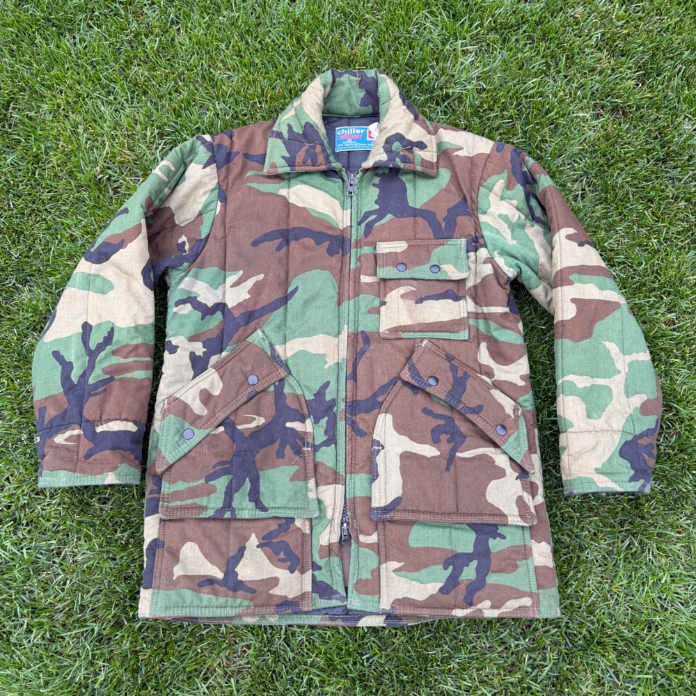 Vintage Saf-T-Bak Chiller Killer Woodland Camo Hunting Jacket Quilted Coat L A-